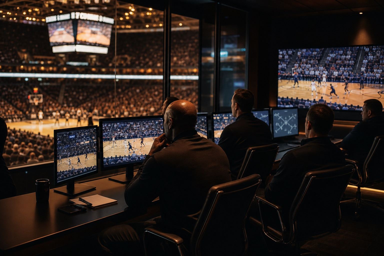 Coaches watching game footage on screens in a broadcast room overlooking an arena